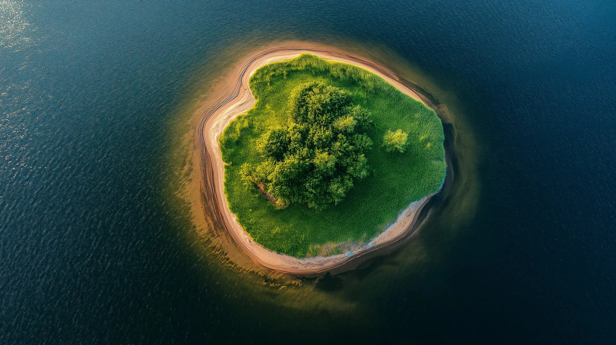 Aerial Island Lake Mural Wallpaper — Calm Nature Landscape Mural Wallpaper - room preview 02