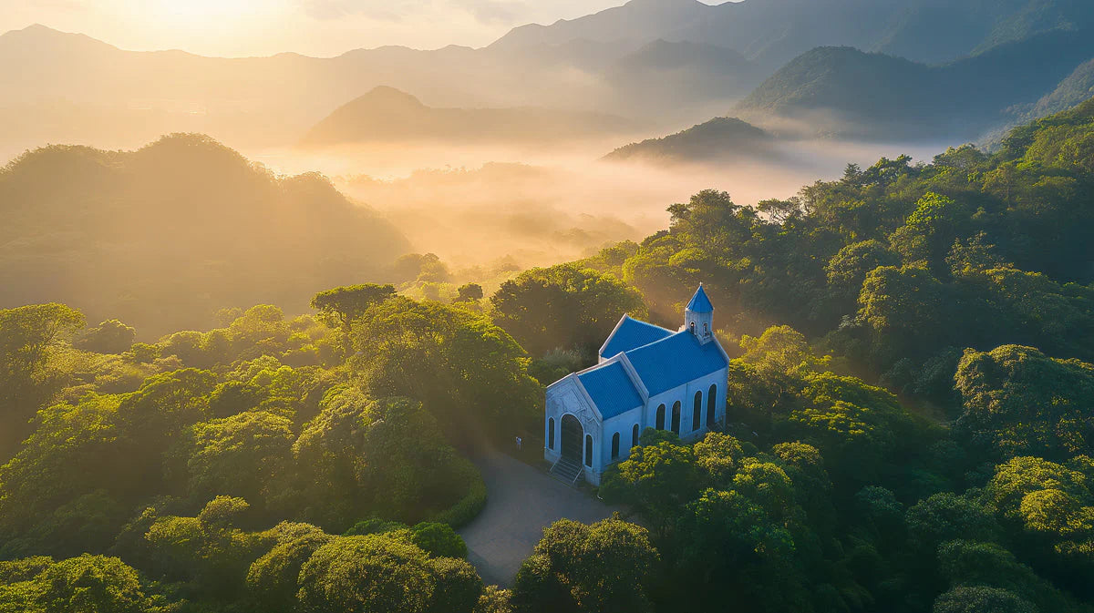 Mountain Church Landscape Mural Wallpaper — Golden Morning Light Mural Wallpaper - room preview 02