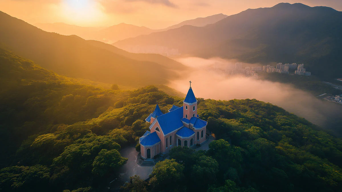 Mountain Chapel Sunrise Mural Wallpaper —Ethereal Scenic View Mural Wallpaper - room preview 02