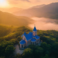 Mountain Chapel Sunrise Mural Wallpaper —Ethereal Scenic View Mural Wallpaper - room preview 02