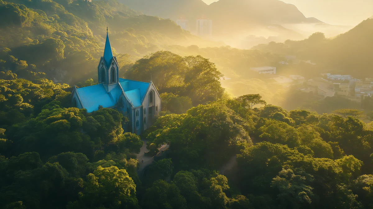 Mountain Chapel Scenic Mural Wallpaper — Golden Hour Landscape Mural Wallpaper - room preview 02