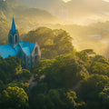 Mountain Chapel Scenic Mural Wallpaper — Golden Hour Landscape Mural Wallpaper - room preview 02