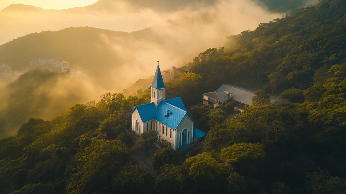 Blue Church Hilltop Mural Wallpaper —Misty Morning Landscape Mural Wallpaper - room preview 02
