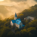 Blue Church Hilltop Mural Wallpaper —Misty Morning Landscape Mural Wallpaper - room preview 02