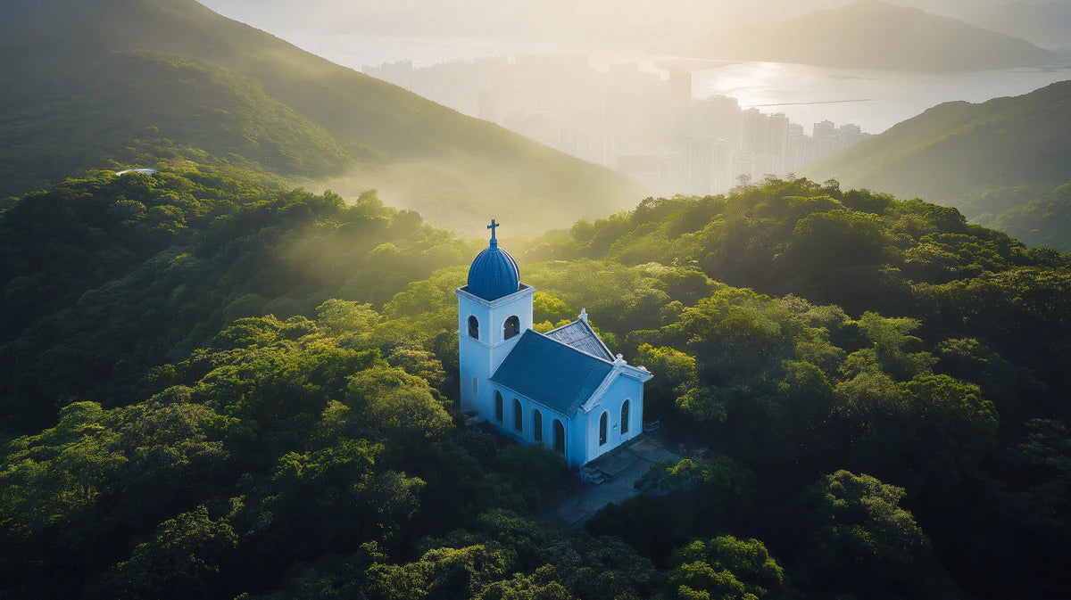 Mist-Covered Mountain Chapel Mural Wallpaper — Aerial Landscape Mural Wallpaper - room preview 02