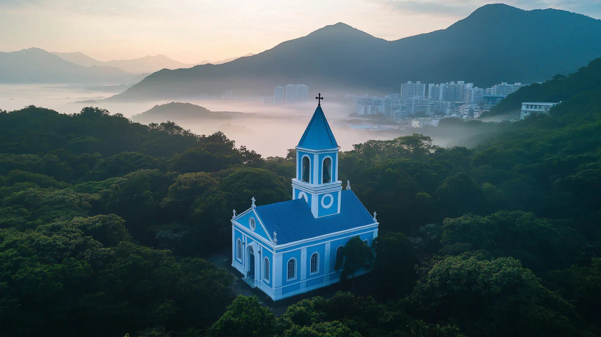 Mist-Veiled Blue Church Mural Wallpaper — Tranquil Landscape Mural Wallpaper - room preview 02