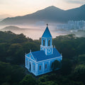 Mist-Veiled Blue Church Mural Wallpaper — Tranquil Landscape Mural Wallpaper - room preview 02