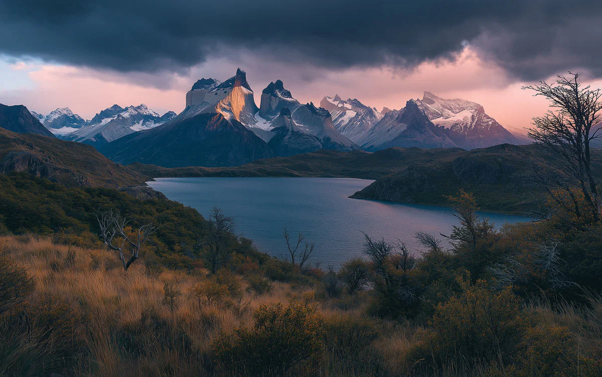 Patagonian Mountain Lake Mural Wallpaper —Moody Sunset Landscape Mural Wallpaper - room preview 02