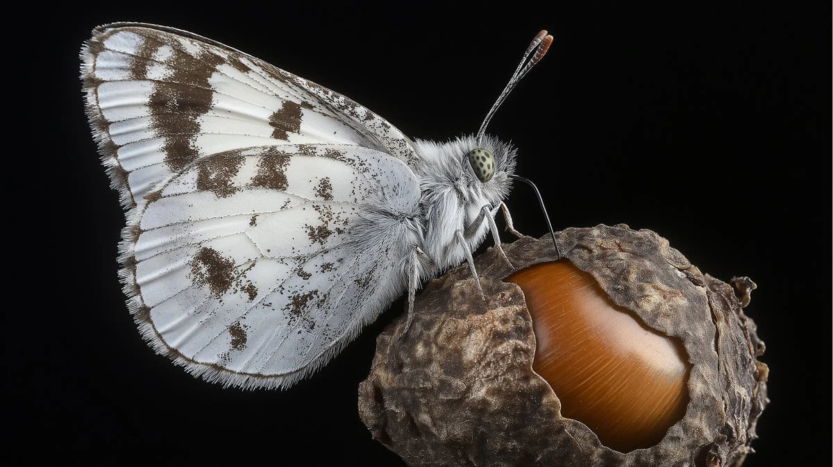 Macro Butterfly and Acorn Mural Wallpaper — Dark Nature Print Mural Wallpaper - room preview 02