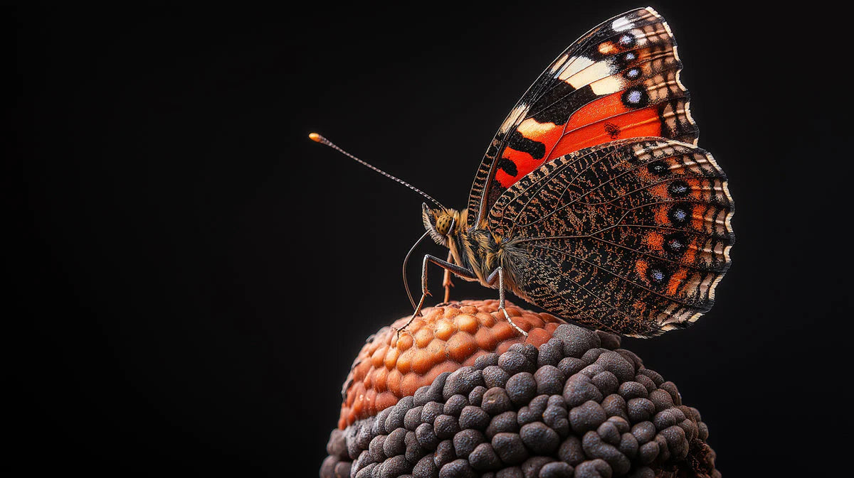 Macro Butterfly and Textured Bloom Mural Wallpaper — Dark Botanical Mural Wallpaper - room preview 02