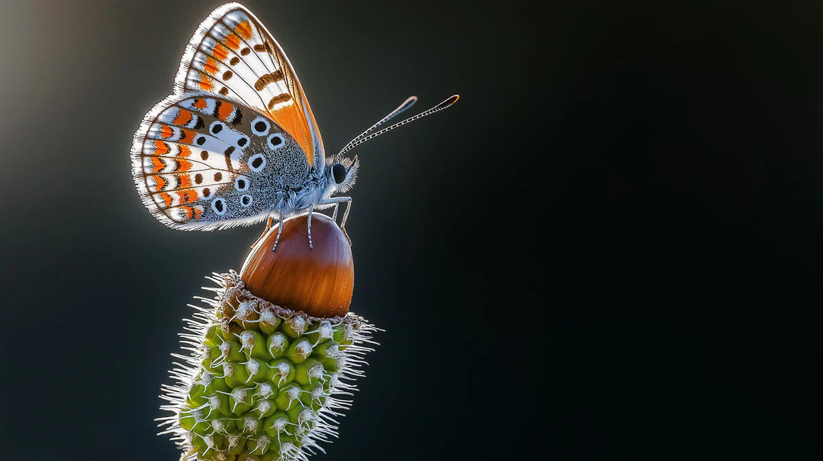 Macro Butterfly and Spiky Seed Mural Wallpaper — Artistic Nature Mural Wallpaper - room preview 02
