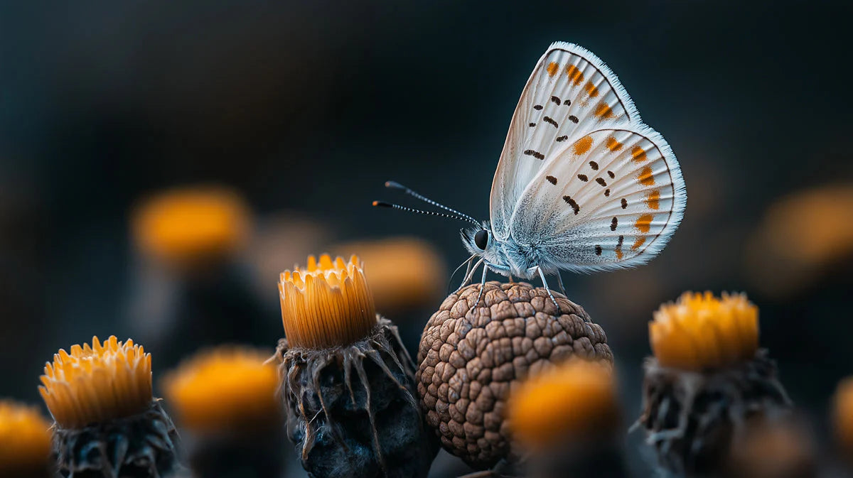 Macro Butterfly and Wildflower Mural Wallpaper — Moody Nature Mural Wallpaper - room preview 02