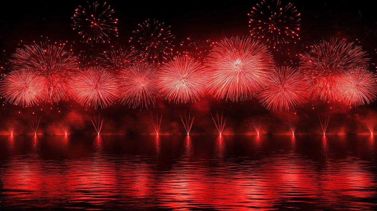Crimson Fireworks Night Mural Wallpaper — Energetic Festive Decor Mural Wallpaper - room preview 02