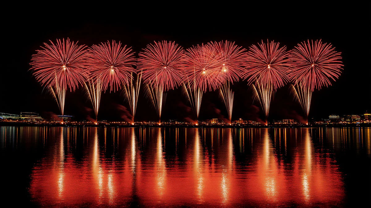 Crimson Fireworks Mural Wallpaper — Night Sky Waterfront Design Mural Wallpaper - room preview 02