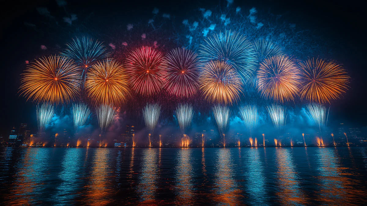 Fireworks Over Water Mural Wallpaper — Vibrant Festive Design Mural Wallpaper - room preview 02