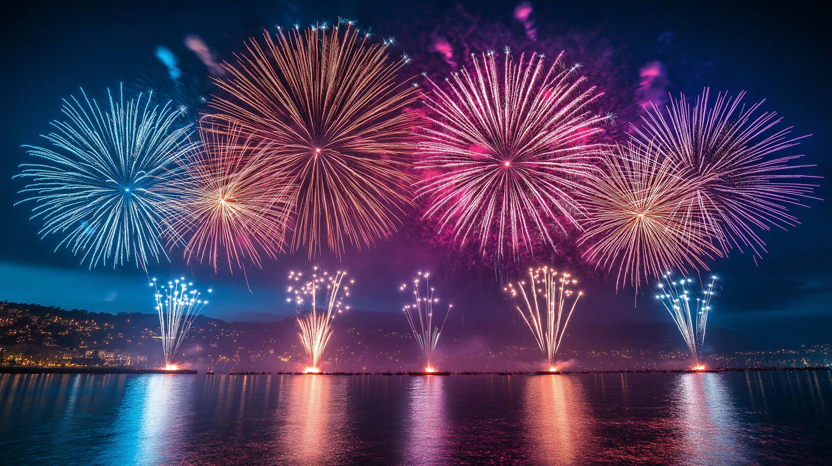 Celebratory Night Sky Fireworks Mural Wallpaper — Festive Style Mural Wallpaper - room preview 02