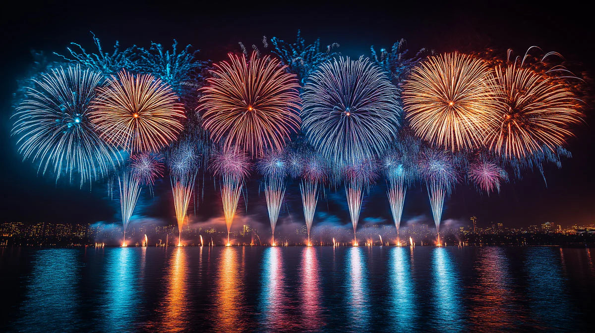 Fireworks Over Water Mural Wallpaper — Vibrant Festive Design Mural Wallpaper - room preview 02