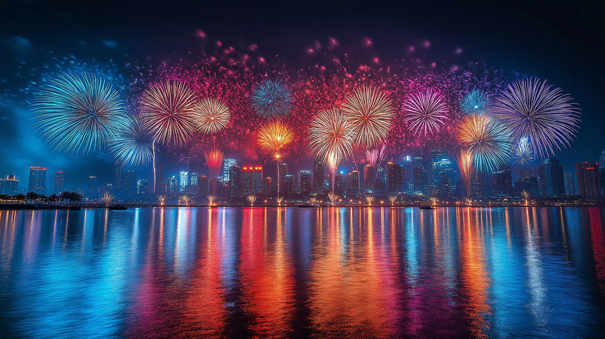 Fireworks Over City Skyline Mural Wallpaper — Festive Night Scene Mural Wallpaper - room preview 02