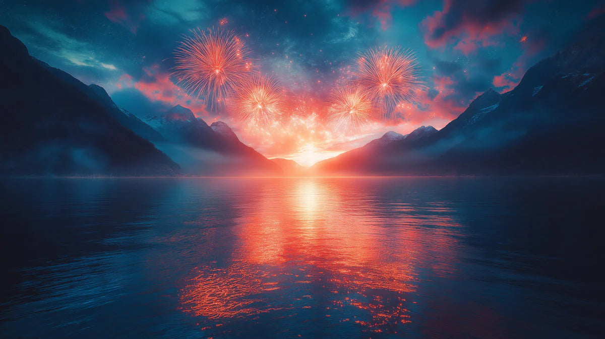 Fiery Mountain Lake Landscape Mural Wallpaper — Scenic Horizon Mural Wallpaper - room preview 02