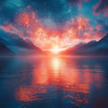 Fiery Mountain Lake Landscape Mural Wallpaper — Scenic Horizon Mural Wallpaper - room preview 02