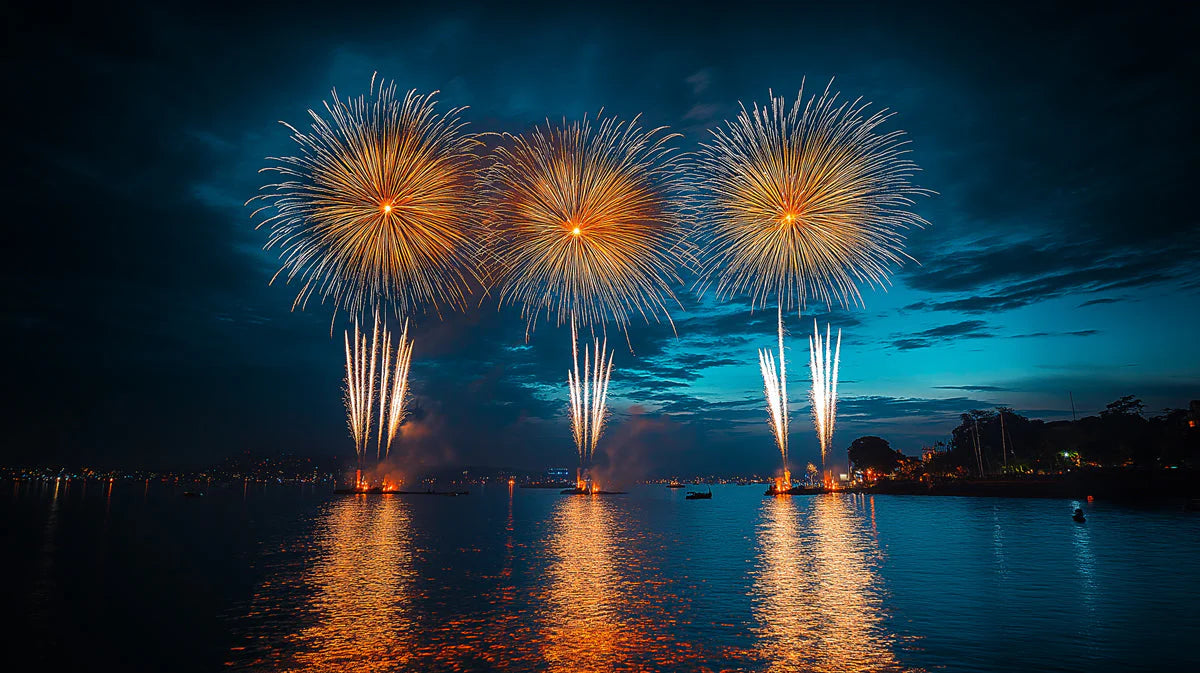 Golden Fireworks Over Water Mural Wallpaper —Midnight Blue Night Sky Mural Wallpaper - room preview 02
