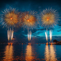 Golden Fireworks Over Water Mural Wallpaper —Midnight Blue Night Sky Mural Wallpaper - room preview 02