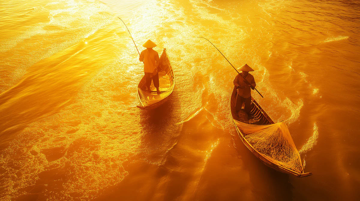 Golden Fishing Scene Mural Wallpaper — Traditional Cultural Decor Mural Wallpaper - room preview 02