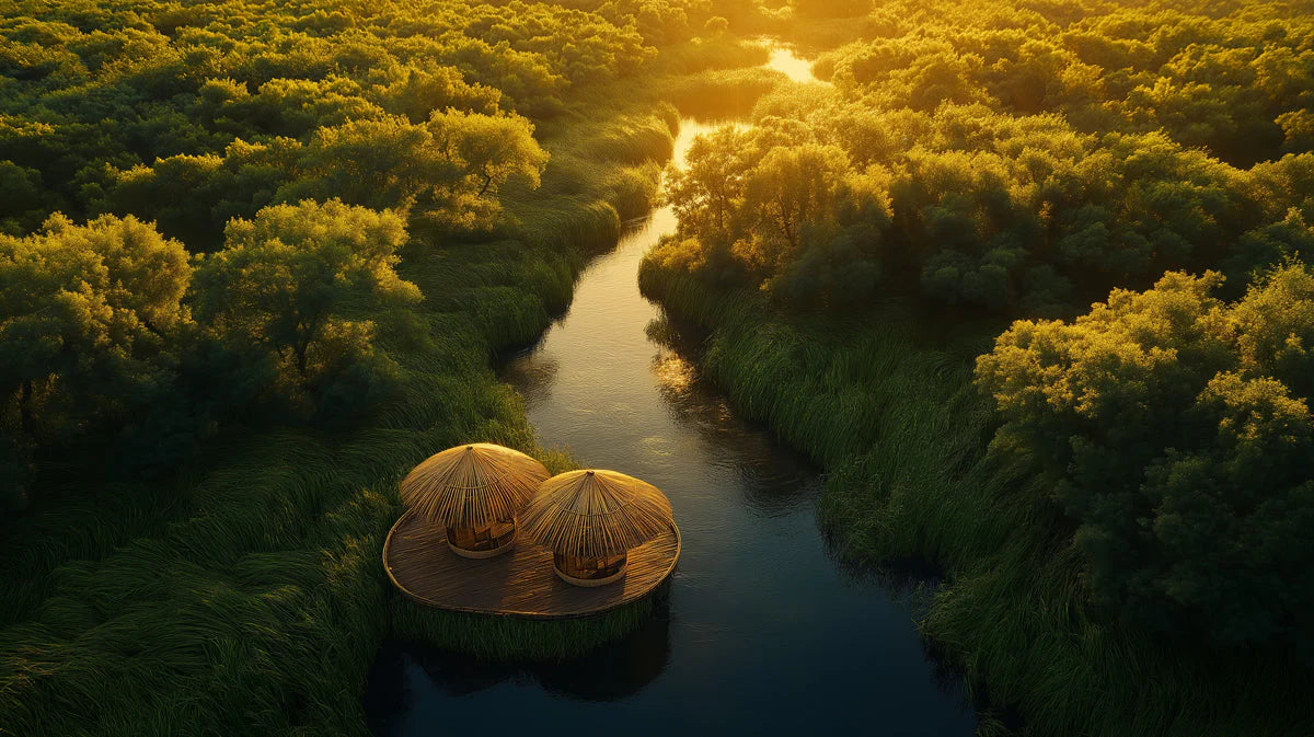 Golden Hour River and Forest Mural Wallpaper — Natural Scenic Mural Wallpaper - room preview 02