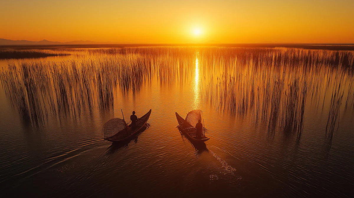 Golden Sunset Fisherman Mural Wallpaper — Warm Coastal Landscape Mural Wallpaper - room preview 02