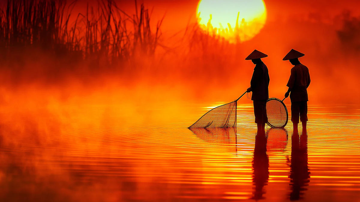 Sunrise Fisherman Mural Wallpaper — Vivid Cultural Landscape Mural Wallpaper - room preview 02