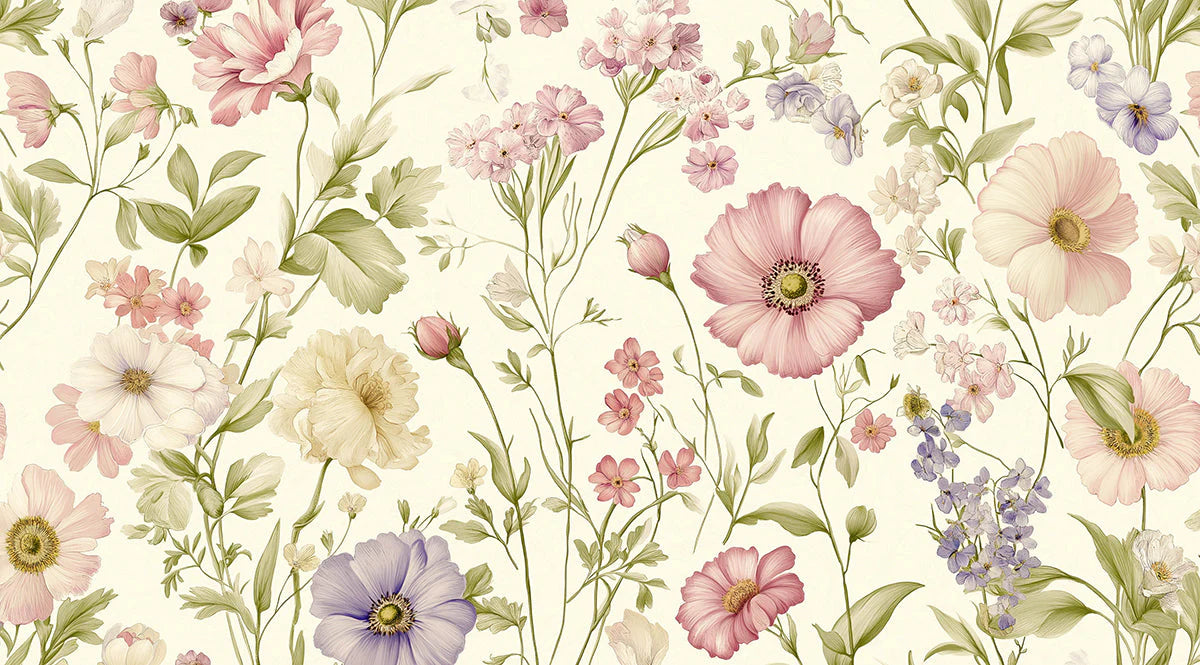 Botanical Meadow Floral Mural Wallpaper — Soft Pastel Design Mural Wallpaper - room preview 02