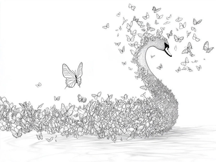 Butterfly Wallpaper Mural – Flutter Wall Mural – Butterfly Swan Sketch —Whimsical Line Art printable artwork