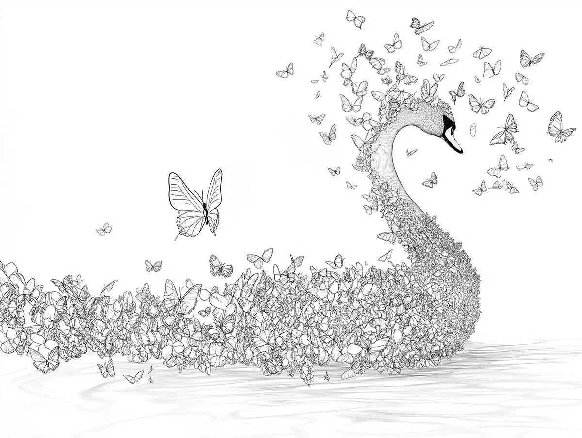 Butterfly Swan Sketch Mural Wallpaper —Whimsical Line Art Mural Wallpaper - room preview 02