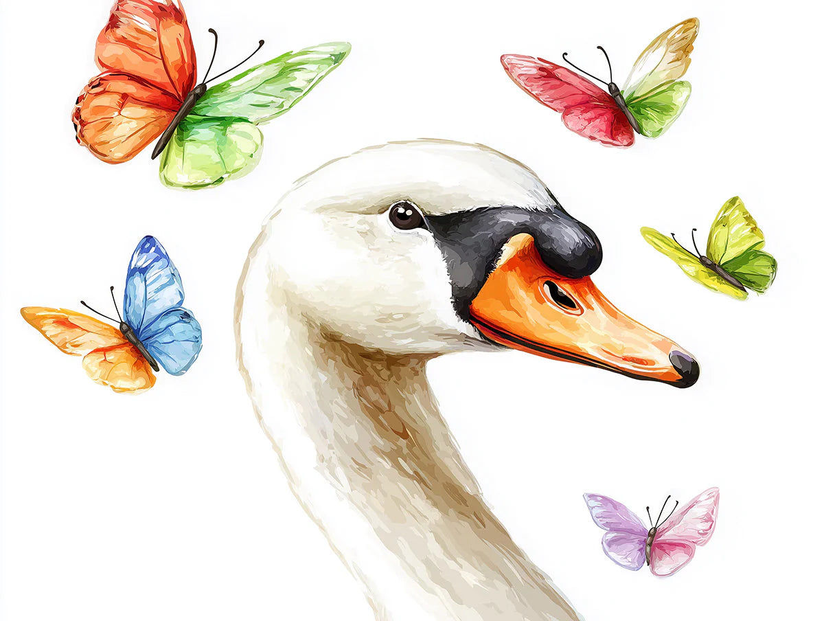 Swan and Colorful Butterflies Mural Wallpaper —Whimsical Decor Mural Wallpaper - room preview 02