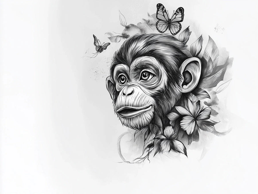 Butterfly Wallpaper Mural – Flutter Wall Mural – Chimpanzee and Butterflies — Ink Sketch Illustration printable artwork