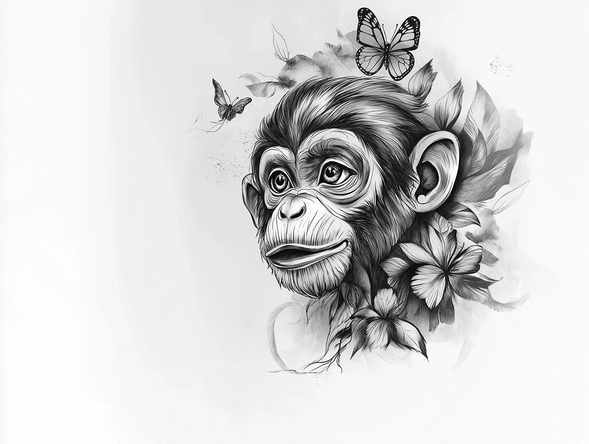 Chimpanzee and Butterflies Mural Wallpaper — Ink Sketch Illustration Mural Wallpaper - room preview 02