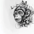 Chimpanzee and Butterflies Mural Wallpaper — Ink Sketch Illustration Mural Wallpaper - room preview 02