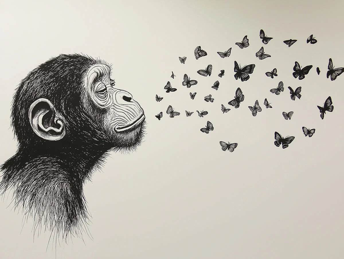 Chimpanzee and Butterflies Ink Style Mural Wallpaper - room preview 02