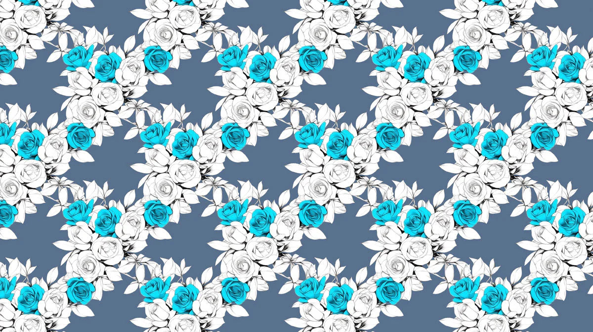Cyan and Slate Rose Trellis Mural Wallpaper — Graphic Floral Mural Wallpaper - room preview 02