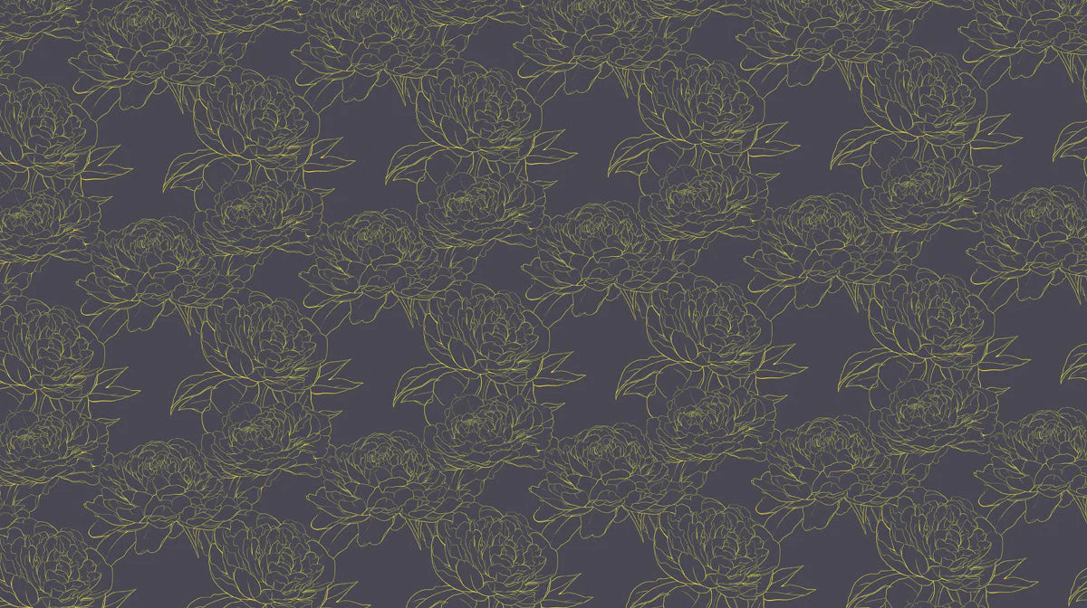 Minimalist Peony Line Art Mural Wallpaper —Dark Charcoal & Gold Mural Wallpaper - room preview 02