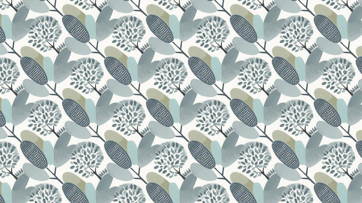 Abstract Foliage Mural Wallpaper — Soft Blue and Sage Botanic Mural Wallpaper - room preview 02