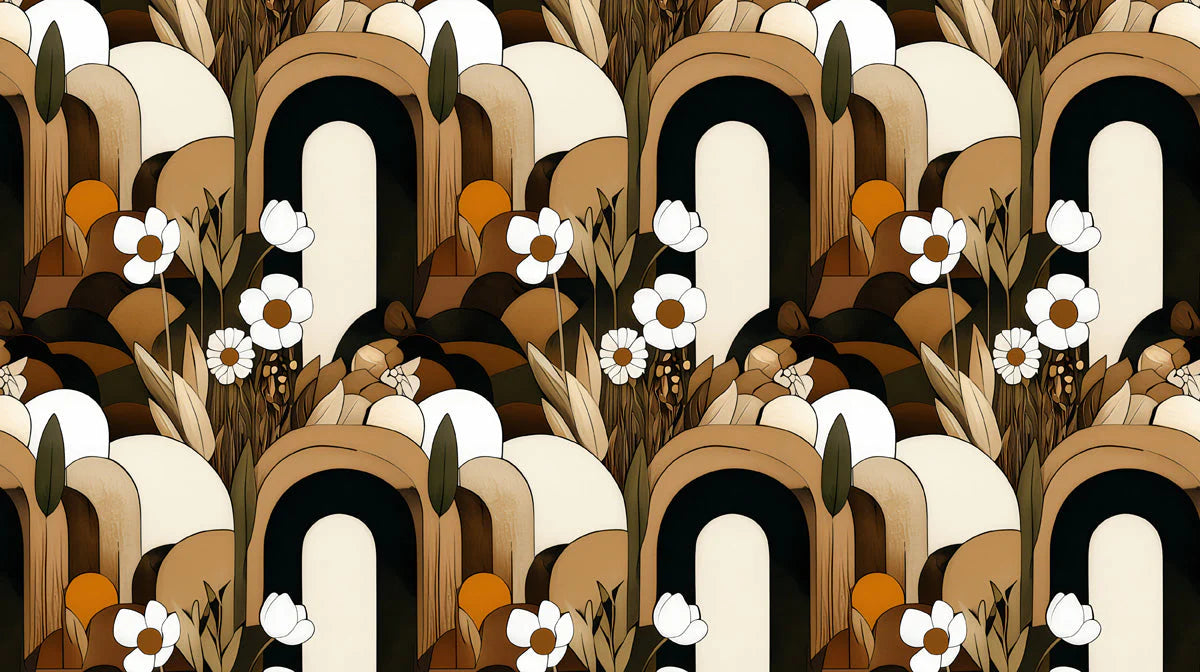 Arch and Floral Art Deco Mural Wallpaper — Earthy Geometric Design Mural Wallpaper - room preview 02