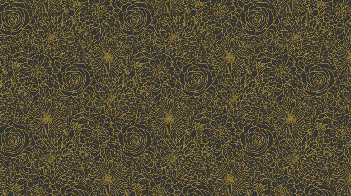 Gilded Floral Line Art Mural Wallpaper — Dark Botanical Design Mural Wallpaper - room preview 02