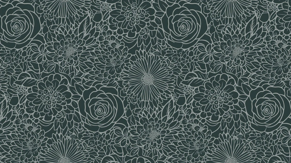 Midnight Floral Line Art Mural Wallpaper — Moody Botanical Style Mural Wallpaper - room preview 02