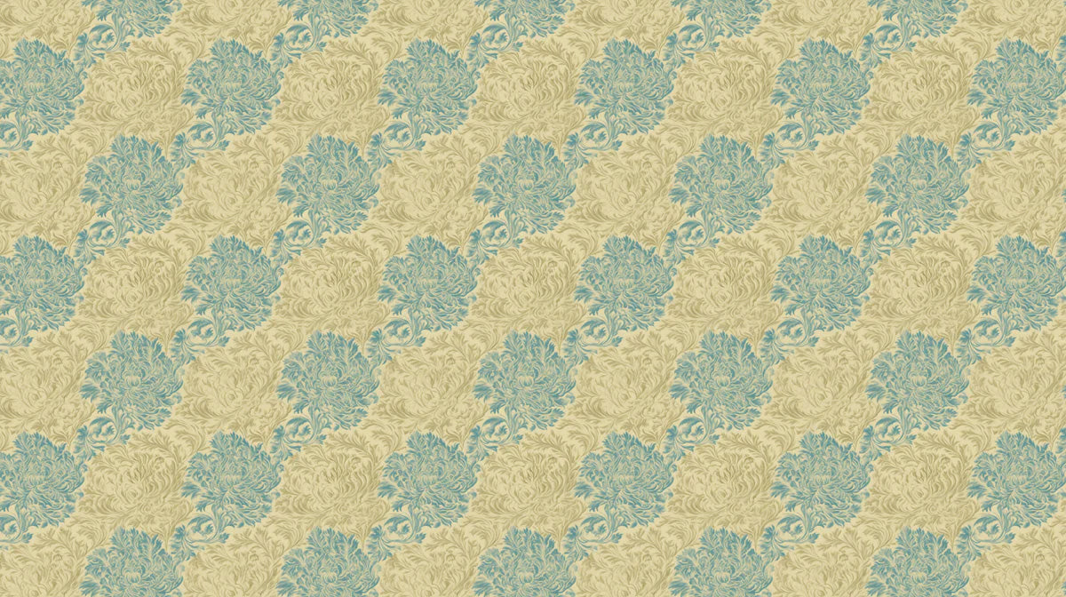 Vintage Floral Damask Mural Wallpaper —Soft Blue and Ochre Mural Wallpaper - room preview 02