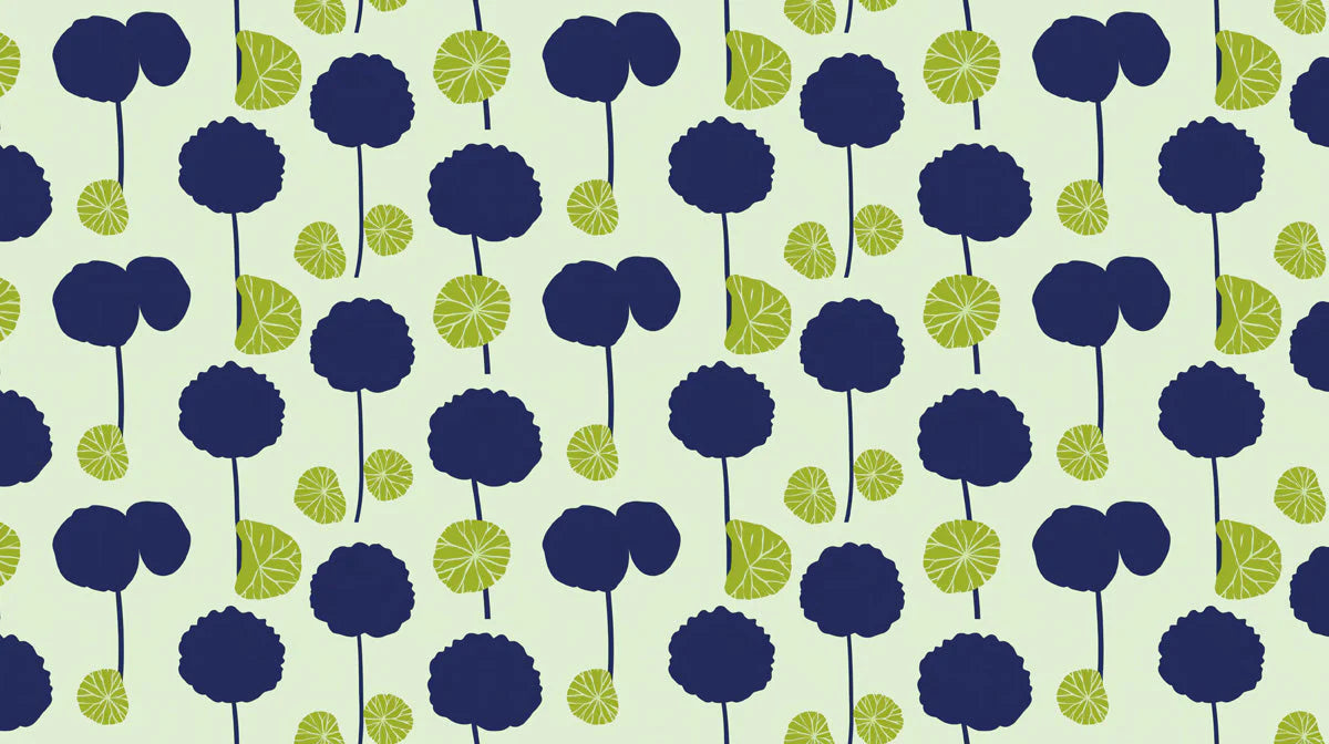 Abstract Navy and Chartreuse Floral Mural Wallpaper - room preview 02