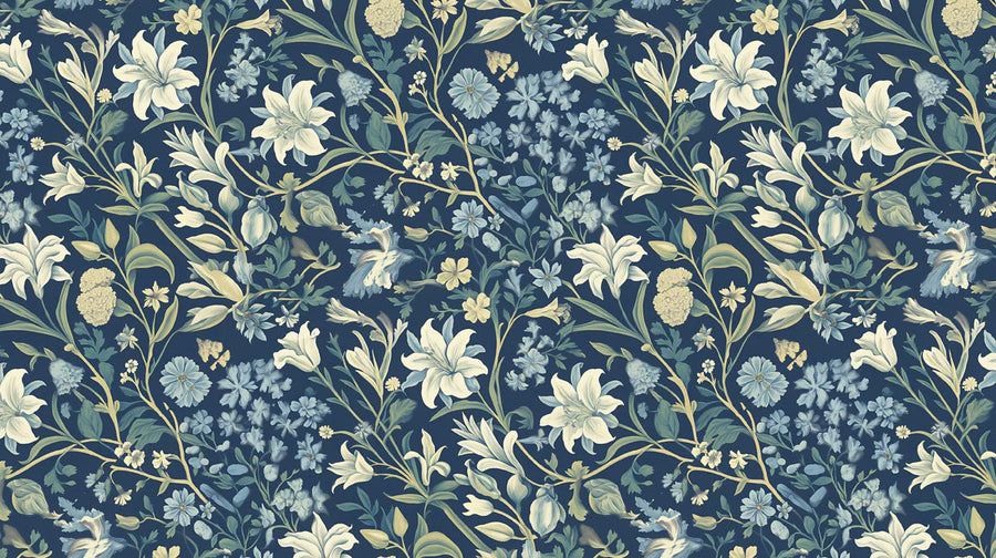 Nature Wallpaper Mural – Natural Wall Mural – Midnight Botanical Floral — Traditional Art Style printable artwork