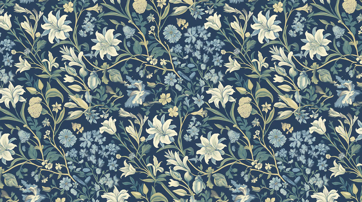 Midnight Botanical Floral Mural Wallpaper — Traditional Art Style Mural Wallpaper - room preview 02