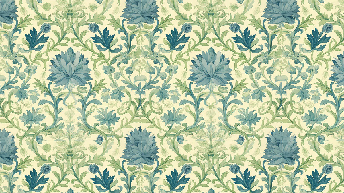 Heritage Floral Damask Mural Wallpaper in Teal and Sage Green Mural Wallpaper - room preview 02
