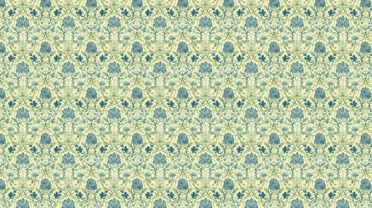 Vintage Damask Floral Mural Wallpaper — Soft Blue and Sage Green Mural Wallpaper - room preview 02